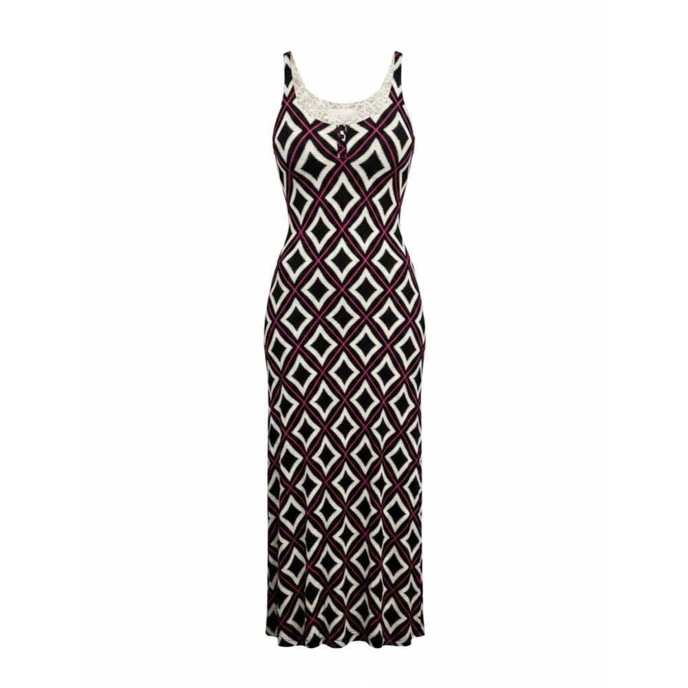 Sleeveless Geometric Sleep Dress in Black, White & Pink
